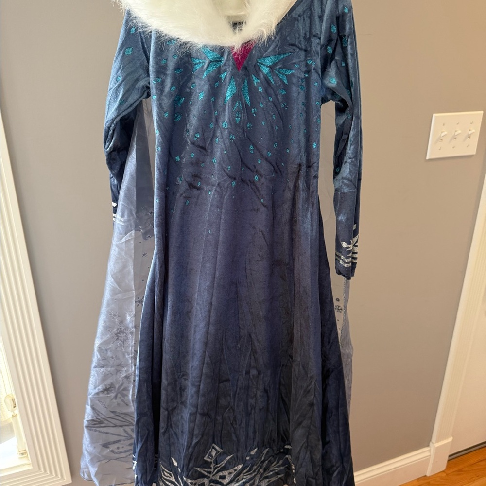 Blue and White Long Sleeve Dress with Fur Collar